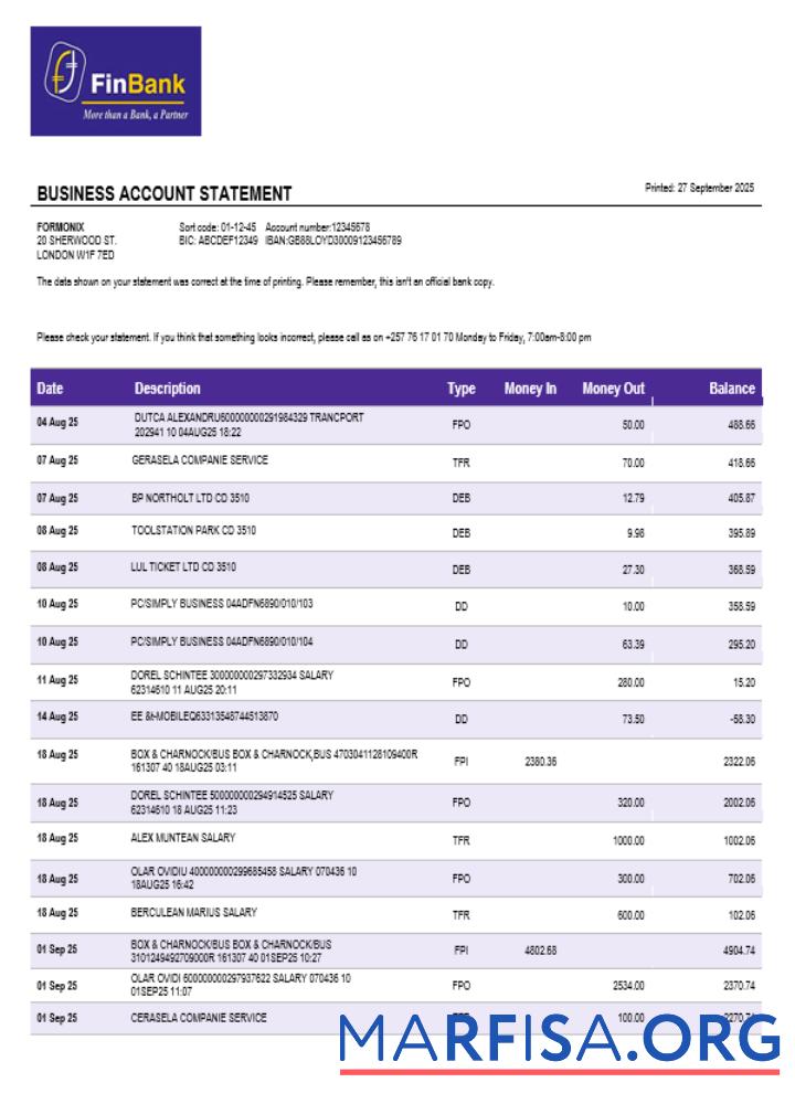 Realistic Burundian Finbank business firm statement Word and PDF format sample
